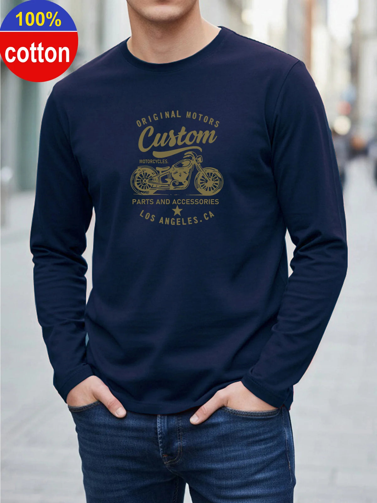Men's Cotton Motorcycle Print Long-Sleeve Tee