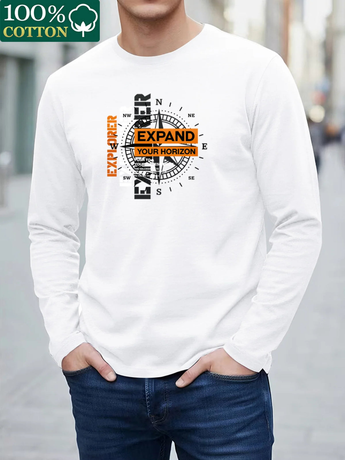 Men's Cotton Compass Print Long-Sleeve Tee