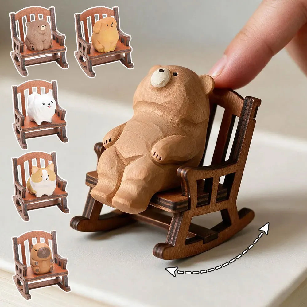 Carved Wooden Bear in Rocking Chair Figurine