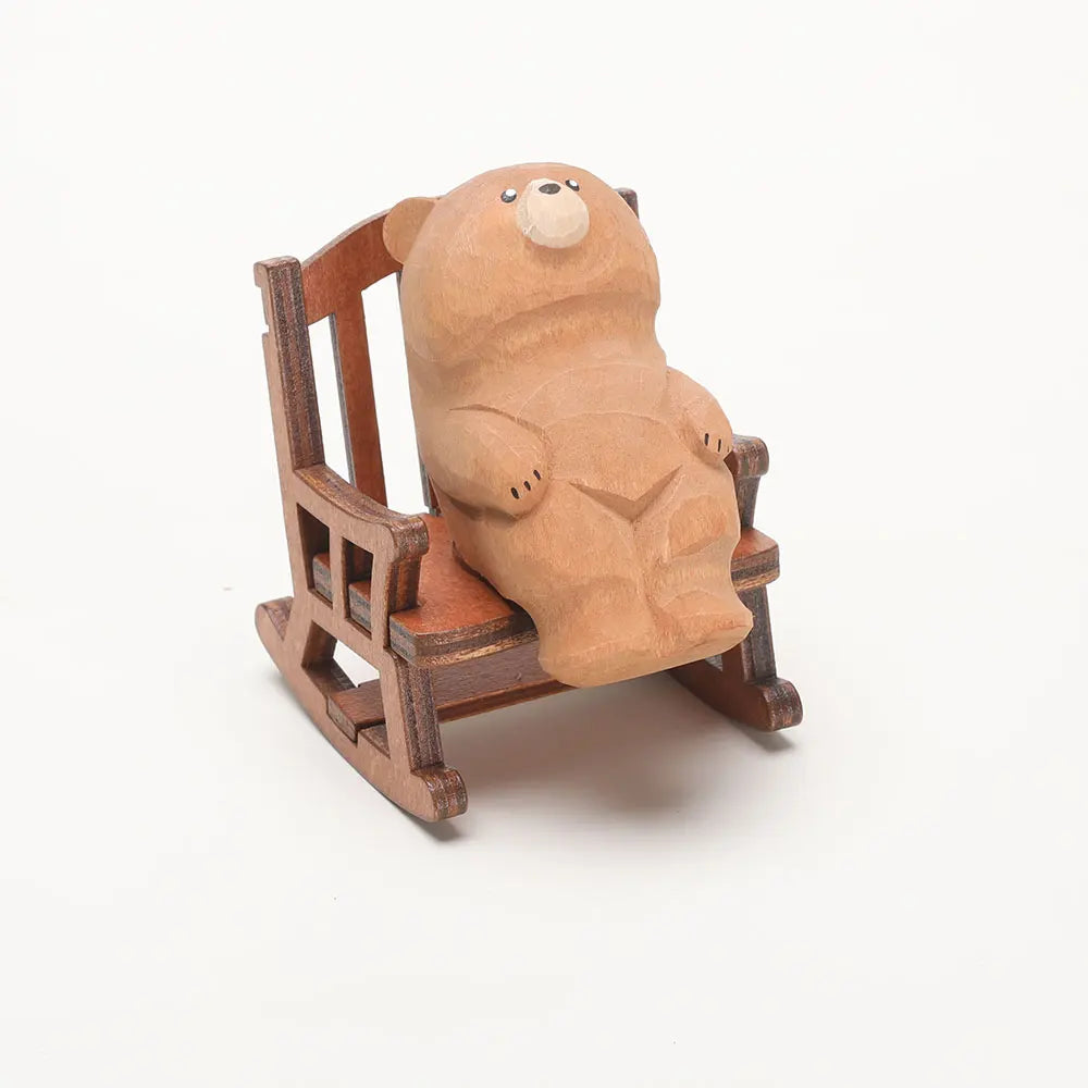 Carved Wooden Bear in Rocking Chair Figurine
